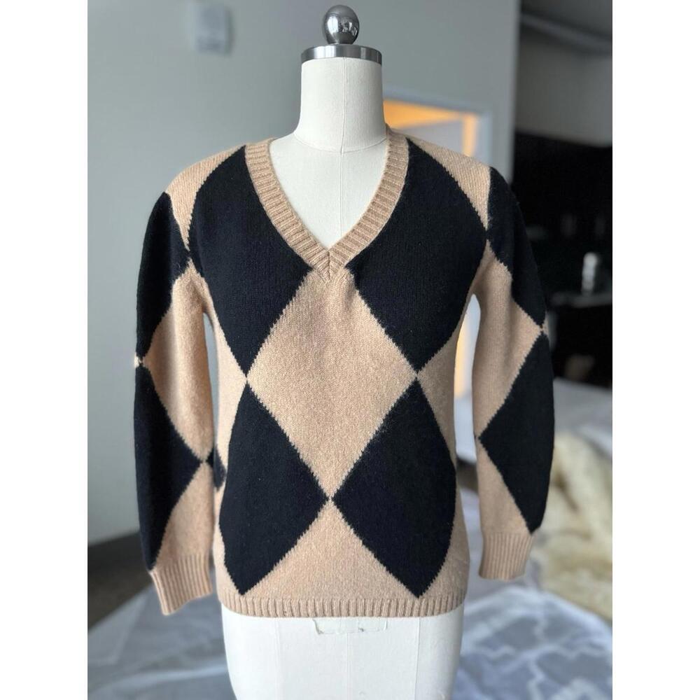 Magaschoni 100% Cashmere Sweater Womens Sz Xs Brown Black V Neck Diamond
